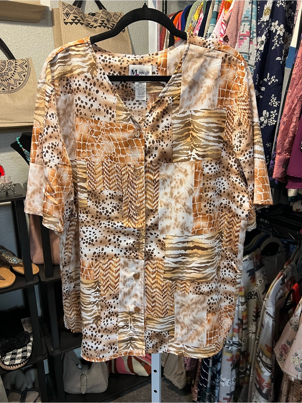 Maggie Patchwork Animal Print Button-Up Blouse - Tan & White